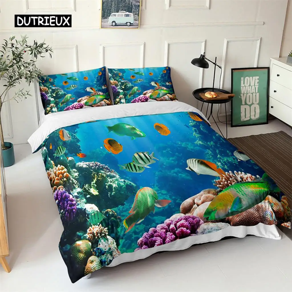 

Ocean Duvet Cover Set Blue Sea Fish 3D Printed Kids Bedding Set Queen King Nordic Ocean Landscape Soft Polyester Comforter Cover