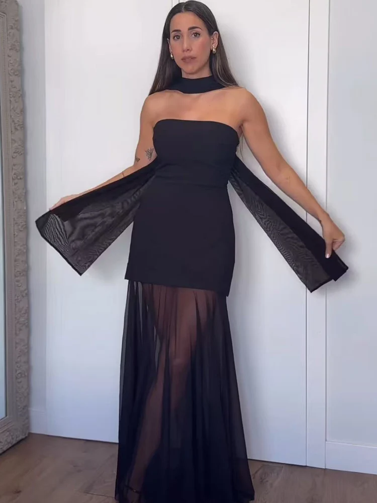 Women's Solid Mesh Spliced Long Dress Fashion Strapless Sexy See Through Slim Fit Sleeveless Party Wear 2026 New Elegant