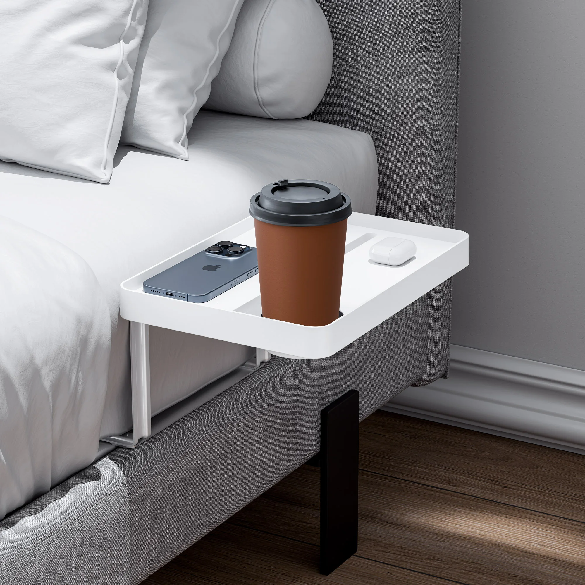 Moderne Innovationen Nachttischregal für Bett, robuste Aufbewahrungstisch und Tablett, passend für Laptops, Clip-on-Nachttischtablett mit Getränkehalter – Detail 11