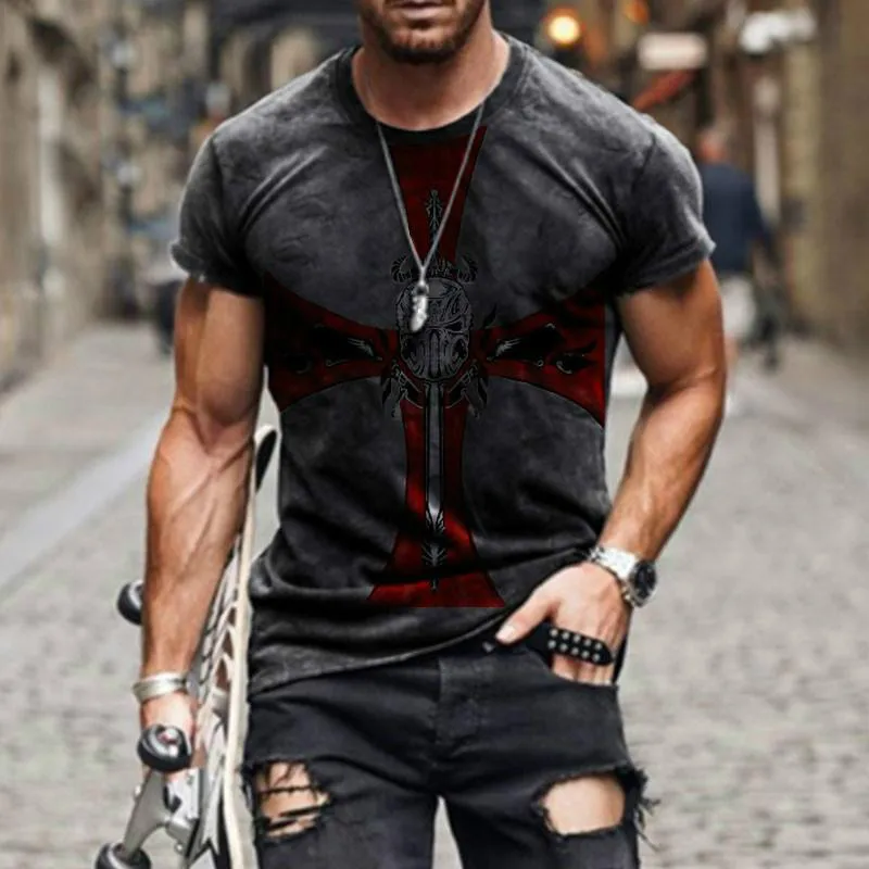 Summer Men's Fashion Street Versatile Top 3D Knights Templar Print T-Shirt Casual Round Neck Fitness Shirt