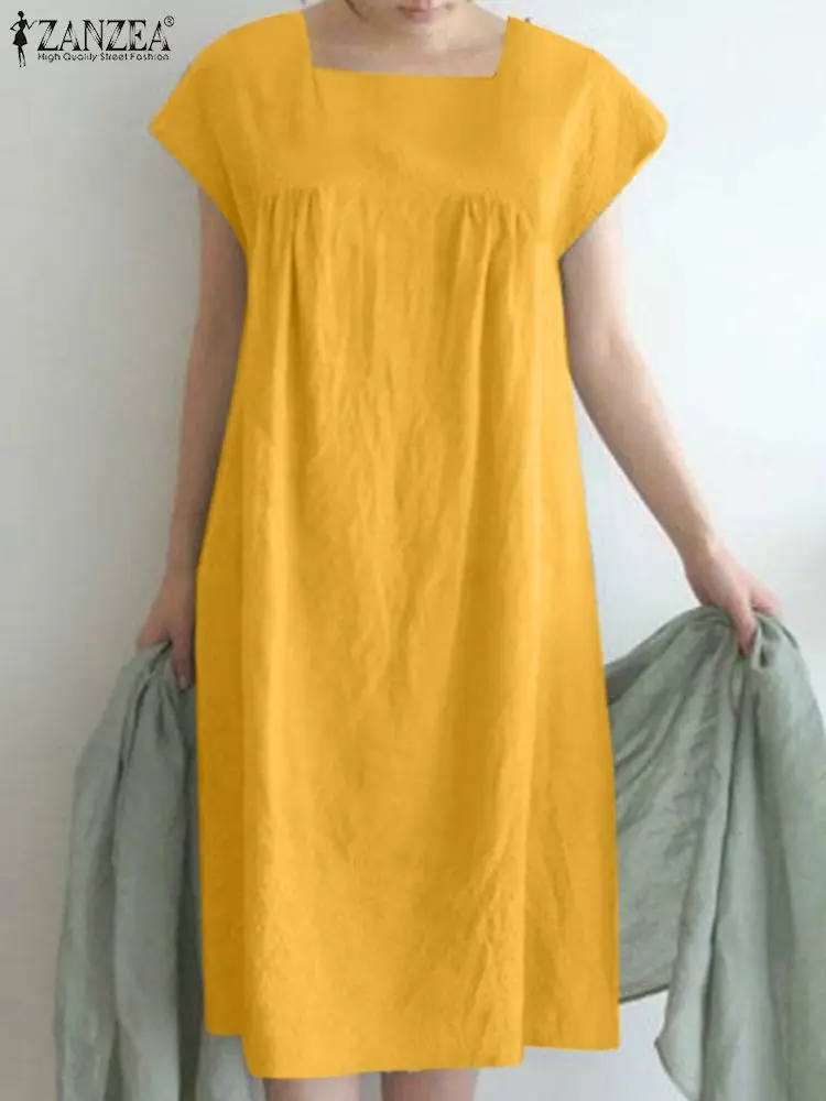 

2023 Summer Women Short Dresses ZANZEA Fashion Casual Loose Pleats Solid Sundress Vintage Square Collar Short Sleeve Mini Robes