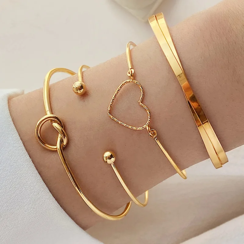 

Fashion Simplicity Gold Color Metal Bracelets For Women Delicate Heart Twisted Adjustable Bracelet Set Jewelry Gifts TBS111