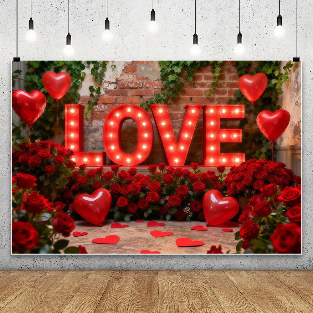 Valentine's Day Photography Backdrop Heart-shaped Balloons Roses Big Love February 14th Couples XOXO Portrait Photo Background 2