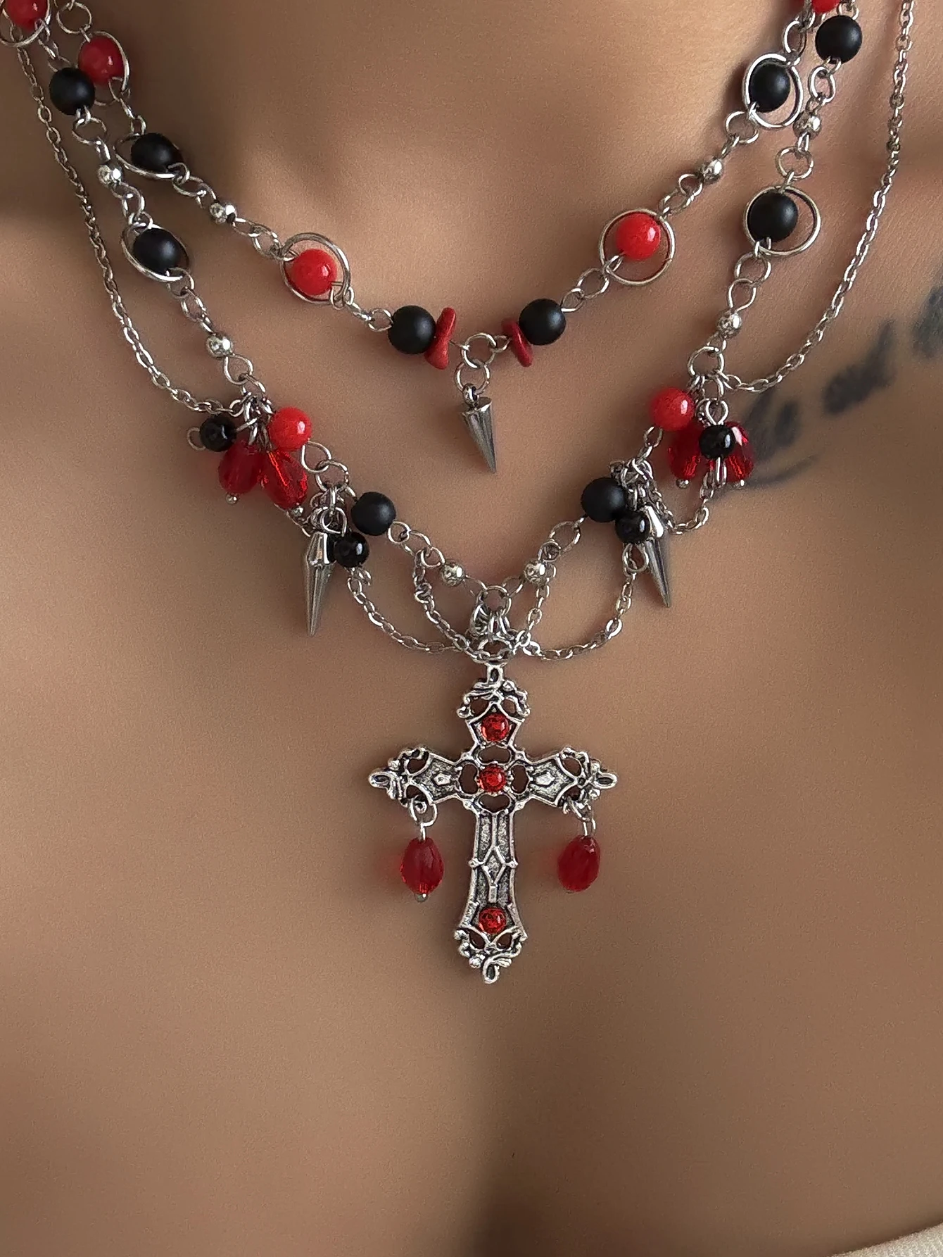 J Necklace Women Gothic Layered Fashion Jewelry Black Red