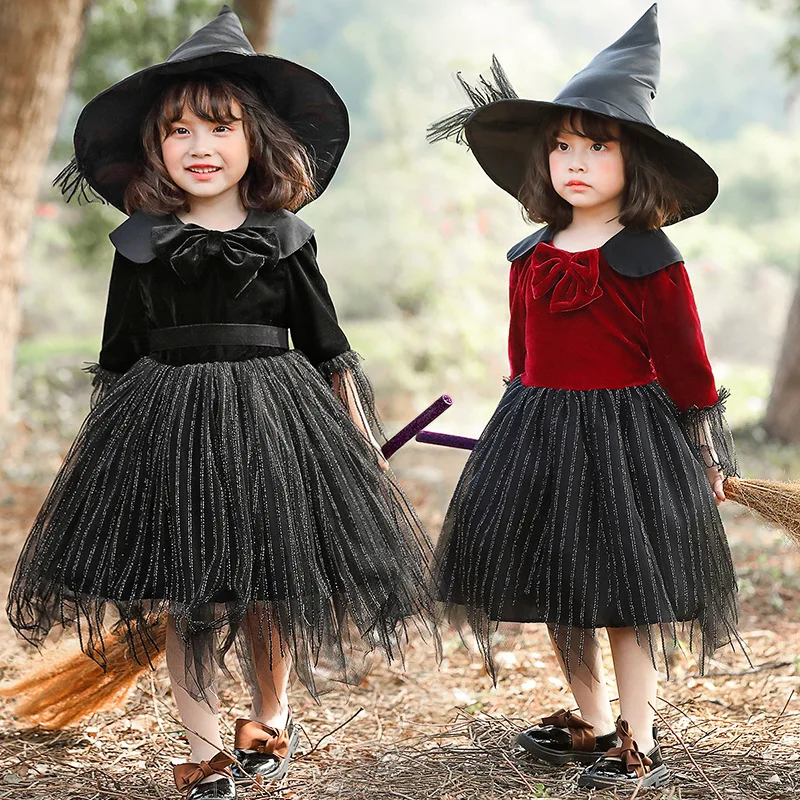 

Children Black Wine Red Gauze Pompous Princess Dresses Kid Little Witch Csoplay Dress Pointed Hat 2Pcs Set Halloween Cos Costume