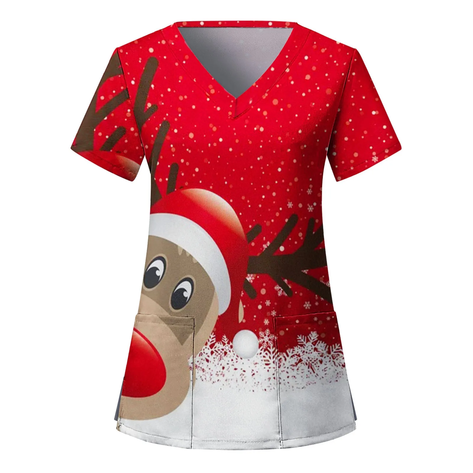 Nurse scrubs top Nurse Uniform Scrubs Women Christmas Print Short Sleeve V-neck Tops Working Uniform Medical Nursing Xmas Workers Scrubs Workwear