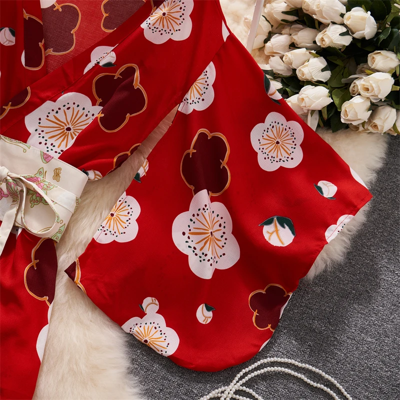 V-neck Red Japanese kimono Cardigan Outfit Women Clothing Print  See-through Lace-up Dress Sexy Lingerie Thin Tunic Loose Sleeve