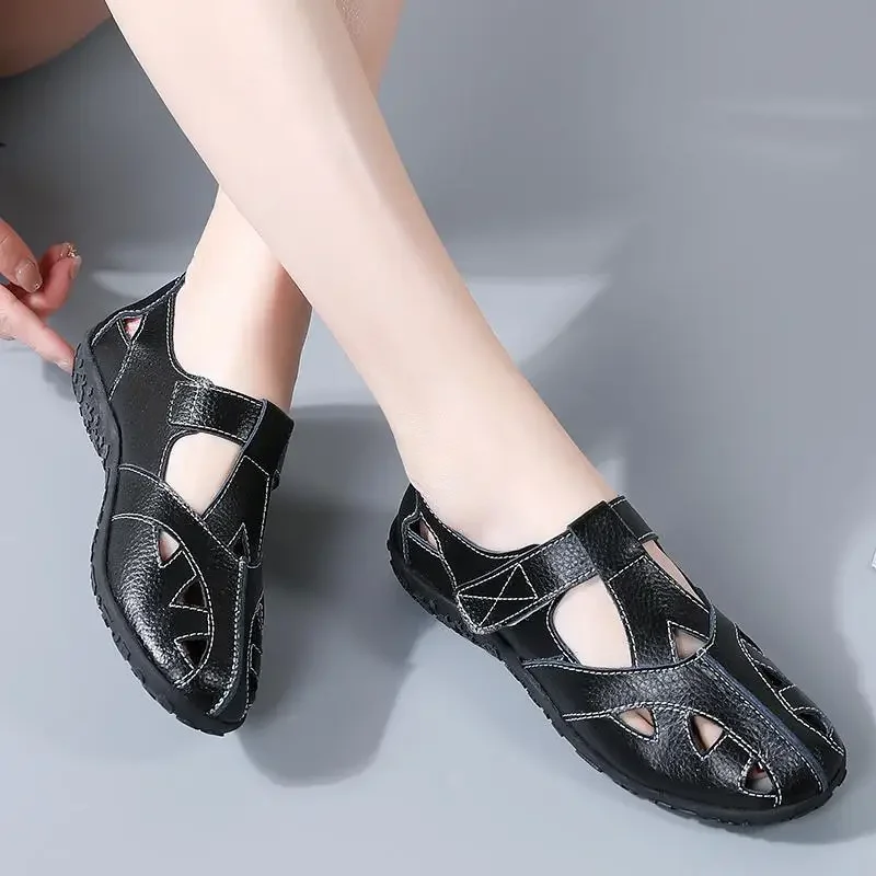 

2024 Summer Casual Elegant Luxury Women's Sandals Sandals Women's Leather Large Size Flat Bottom Sandals Women