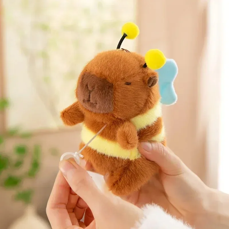1-10PCS Brown Soft Capybara Key Ring Cross Dressing Funny Plush Bee Pendant Fur Pulling Rope Cartoon Animal Keychain Couple