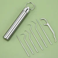 Ensemble de cure-dents réutilisables en acier inoxydable, fil dentaire, outil d'élimination du tartre, nettoyeur de dents Portable pour le nettoyage buccal des dents 3