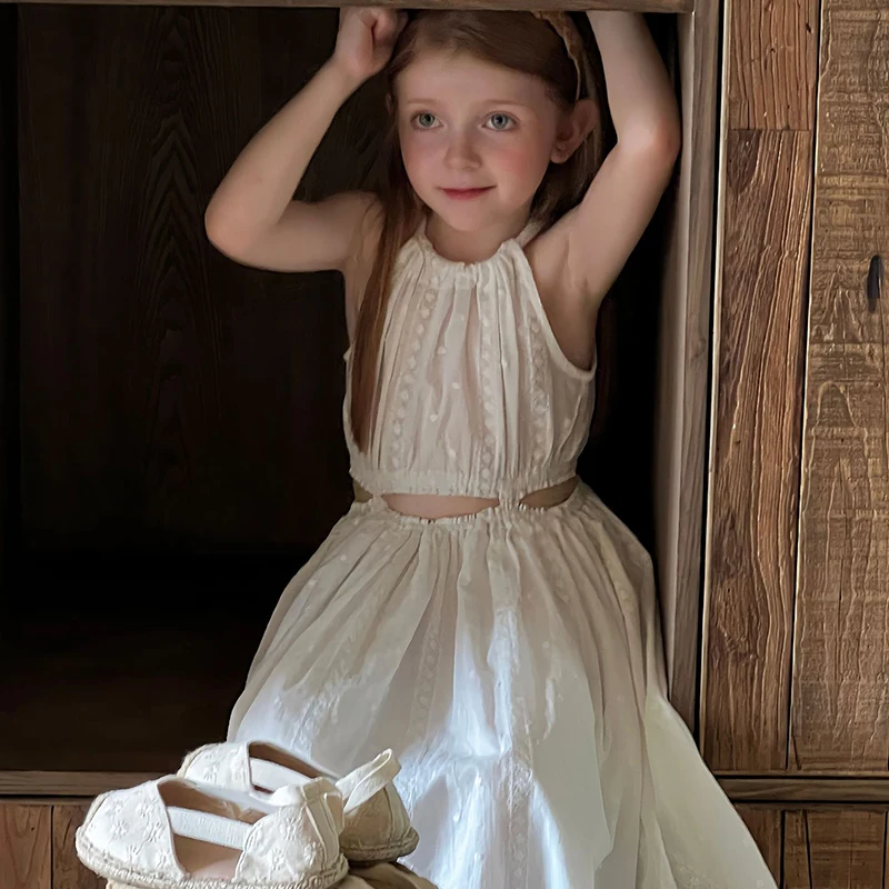 

Halter Baby Girls’ New Strap Dress Off The Waist Design Embroidered Long Dress Children's Clothing Summer Cotton Kids Clothes