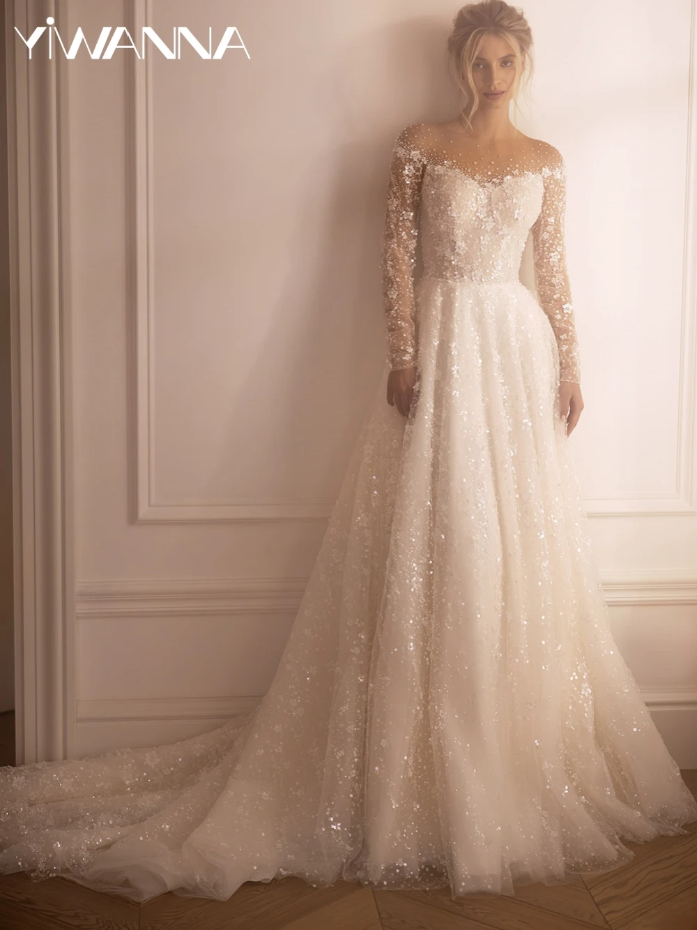 

Sparkly Sequins Pearls Wedding Dress Classic O-neck Bride Robe Graceful Long Sleeve A-line Bridal Gown Robe De Mariée