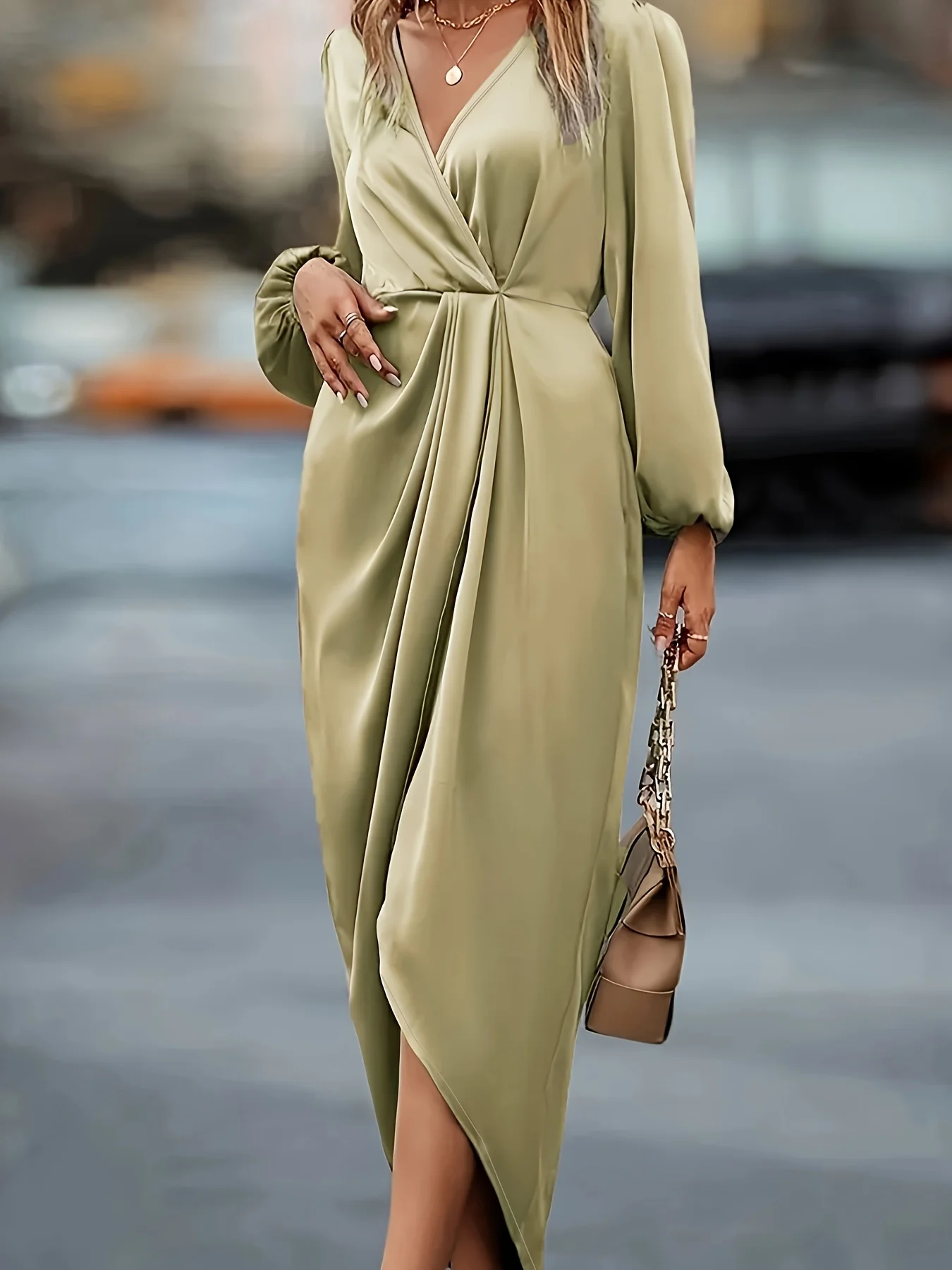 فستان صيفي نسائي كاكي مقاس كبير منسوج من الساتان ب...