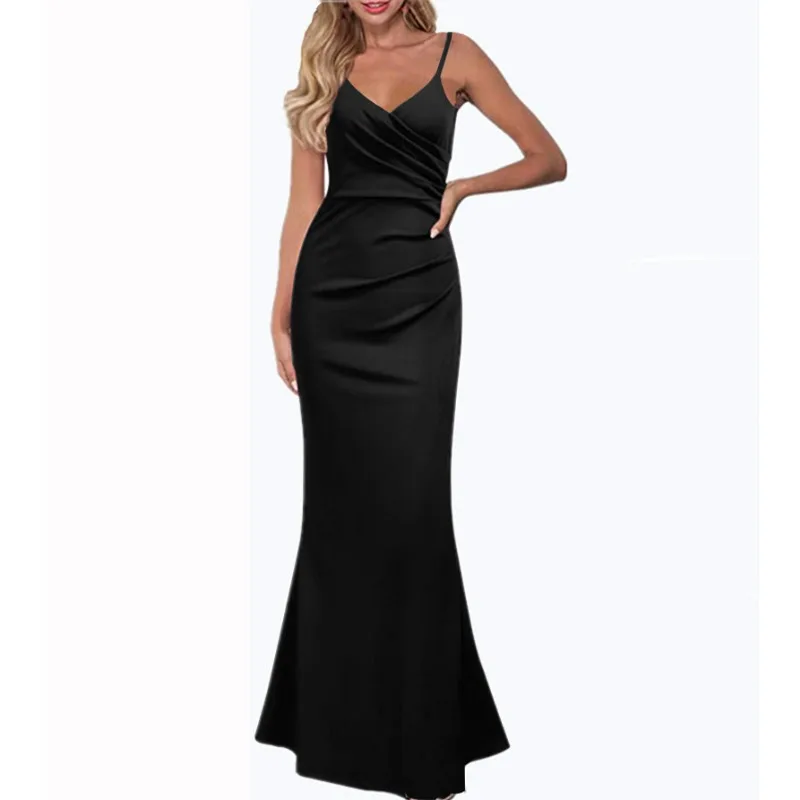 

2024 Spring Summer New Dress Solid Color Slim Fit Slimming Spaghetti Straps Expandable Dress Long Dress