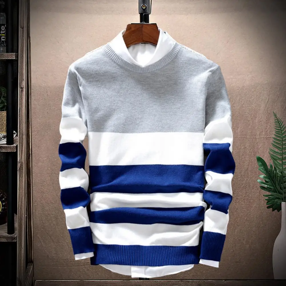 

O-Neck Long Sleeves Ribbed Trim Loose Fit Pullover Sweater Autumn Winter Striped Print Sweater Jumper Daily Clothing