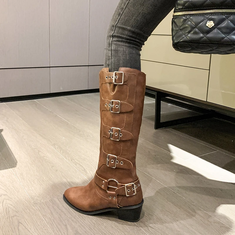 2023 Winter Shoes for Female Belt Slip-on Women's Knee-High Boots Square Heel Pointed Toe Women's Shoes Plus Size Ladies Boots