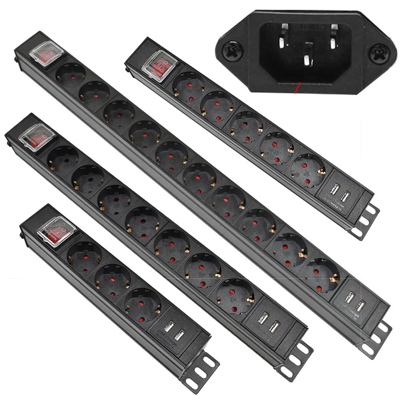 2/3/4/5/6/7/8/9 Ways Pdu Power Strip Eu Power Strip Socket With Iec-C14 Port Outlet Extend With Circuit Breaker Switche 2 Usb