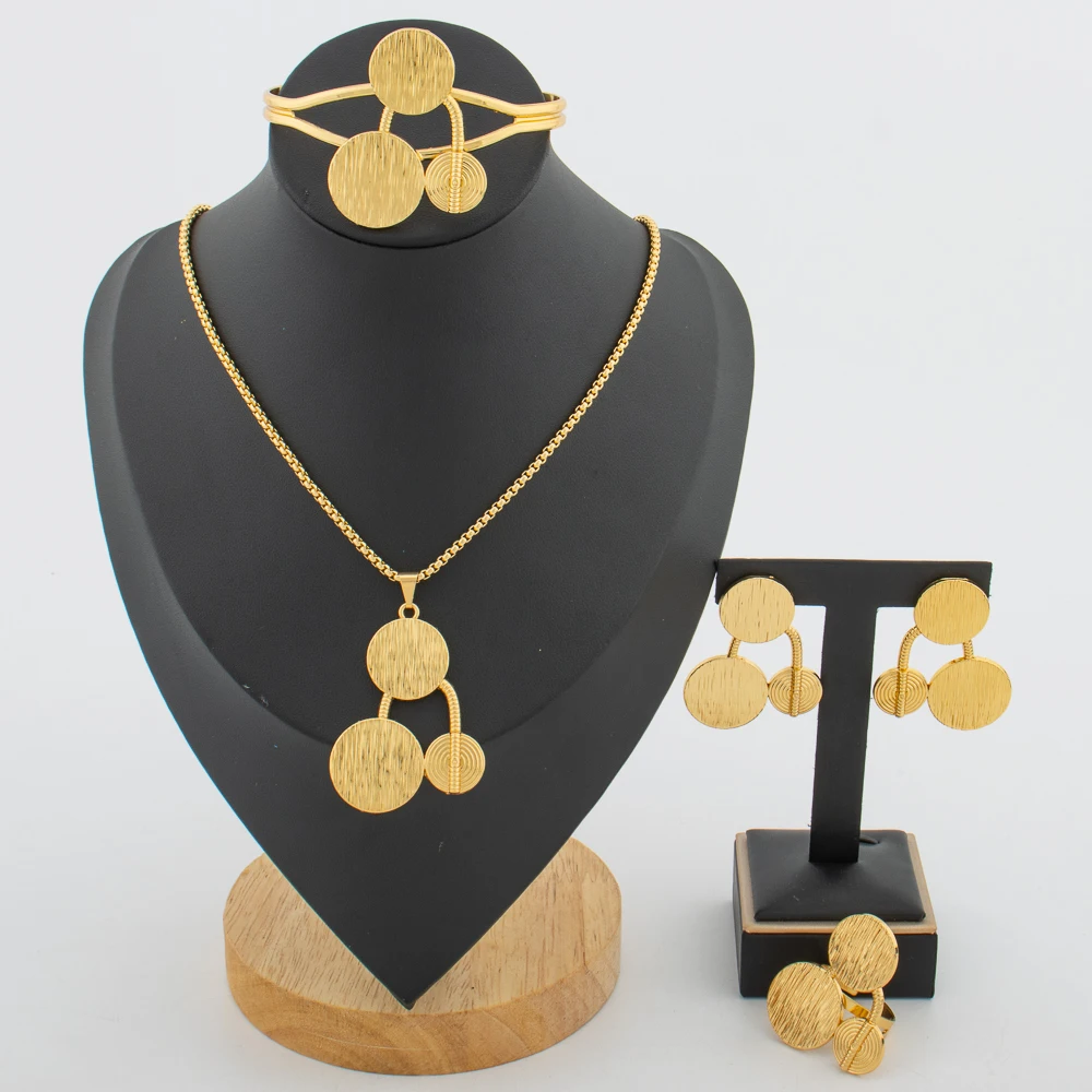 

Earrings and Necklace Jewelry Set for African Weddings Bride Cuff Bangle and Finger Ring 4Pcs Set for Engagement Party Gifts