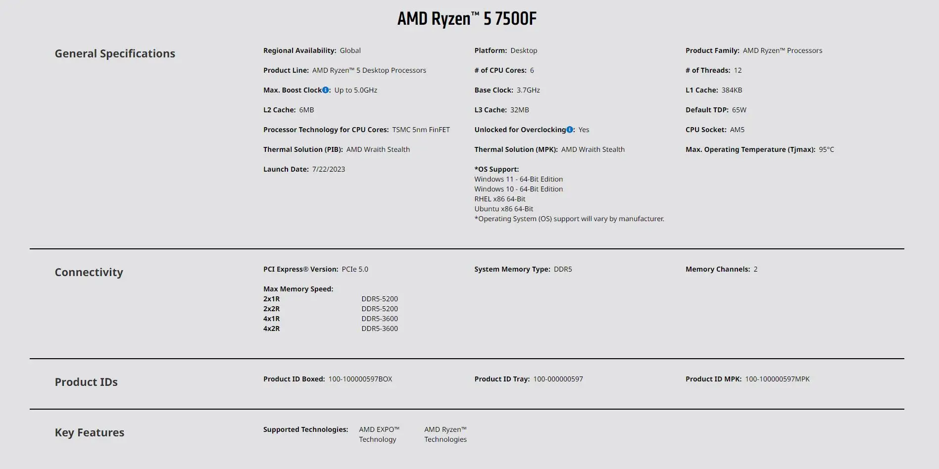 AMD Ryzen 5 7500F R5 7500F 3.7GHz 6-Core 12-Thread CPU 5NM L3=32M  100-000000597 Socket AM5 New Sealed and with the fan