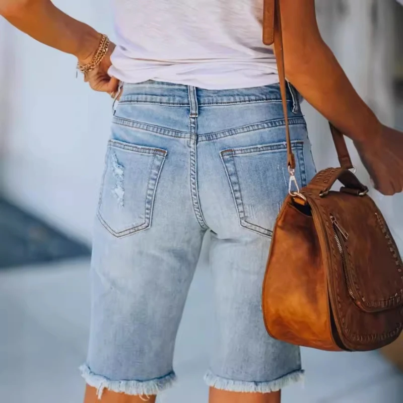Women's Denim Shorts 2024 Summer New Water Washed Perforated Burr Edge Women's Hand Abrasion Straight Leg Pants Ropa Para Mujer