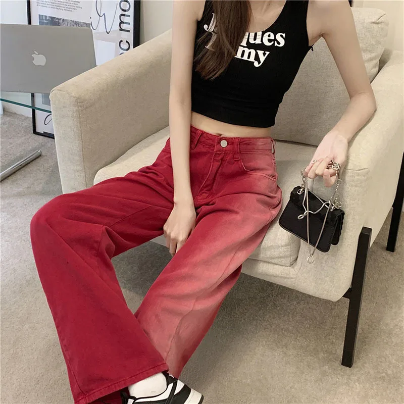 

tie-dyed Women High Waist Jeans Korean Style Wide-leg Pants Female Straight Casual Baggy Jeans Mopping Trousers