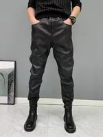 Men Leather Pants Elastic Waist Faux Leather Pants Men Joggers Zipper Pockets Black Streetwear Slim Pencil Pant Men Clothing 1