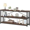 Walnut Low Wide Bookcase, Vintage 63 Inch Long 3 Tier Open Book Shelf, Farmhouse Big Wood Metal Sturdy Bookshelf Display Case, 1