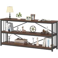Walnut Low Wide Bookcase, Vintage 63 Inch Long 3 Tier Open Book Shelf, Farmhouse Big Wood Metal Sturdy Bookshelf Display Case, 1