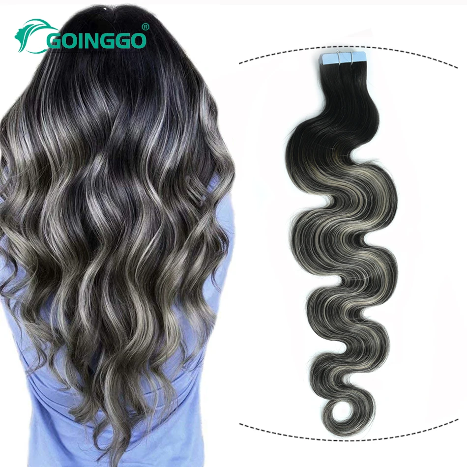 T1b 1b/grey Body Wave Tape In Human Hair Extensions Natural Black