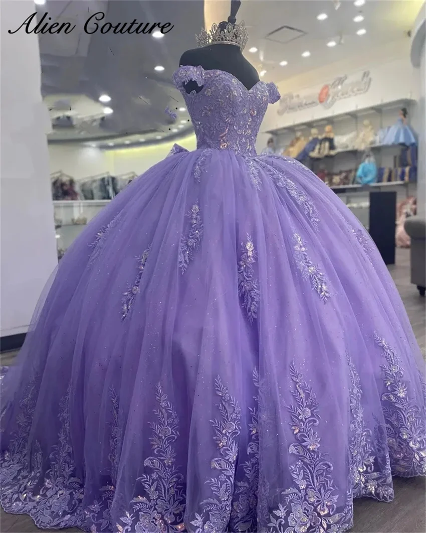 Purple Tulle Quinceanera Dress Ball Gown Bow Beaded Applique Birthday Dress Vestidos De 15 A&ntilde;os Customized