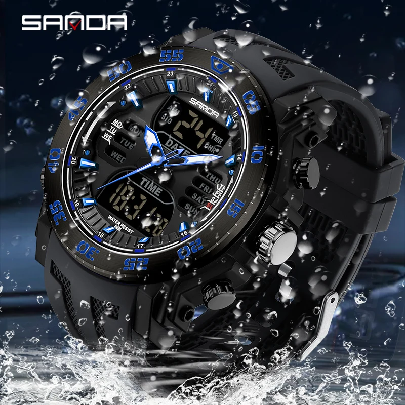 

SANDA 2024 Men Watches Sport Military Quartz Watch 50M Waterproof Wristwatch for Male LED Digital Clock Relogios Masculino 6029