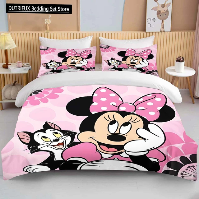 Ensemble de literie imprimé Disney Minnie Mouse Love, housse de couette, taie d'oreiller, dessin animé, pour garçons, filles, enfants, adultes, King, rose, cadeau 1
