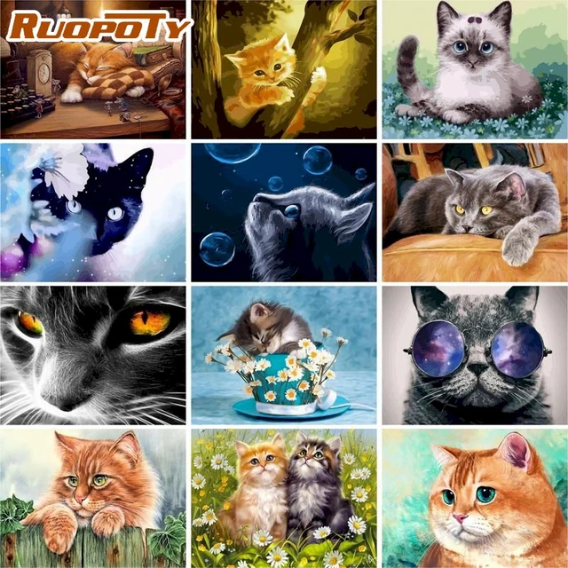 Oil Painting Numbers Paint Number Kits Cat  Paint Number Canvas Painting  Kits Cats - Paint By Number Package - Aliexpress