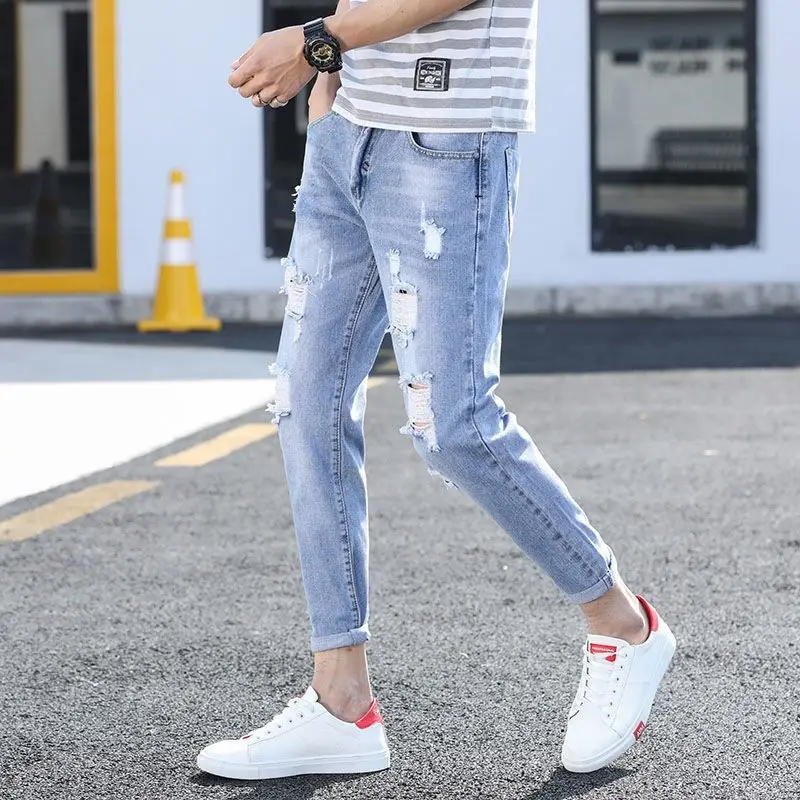 

Summer Korean Luxury Casual Jeans for Men Solid Denim Slim Fit Pants with Holes and Distressed Design Cowboy Cargo Pants for Men