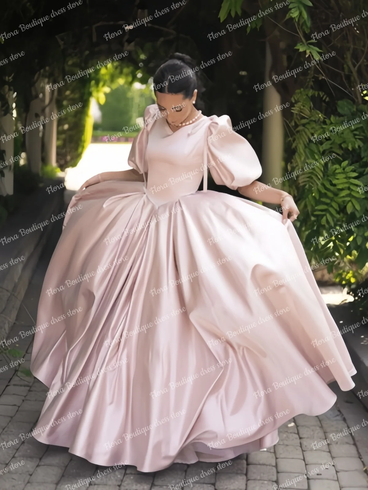 Women's Pink Bridesmaid Dresses for Wedding High Neck Bishop Sleeve Prom Dress Floor Length Custom Satin Communion Evening Gown - 2