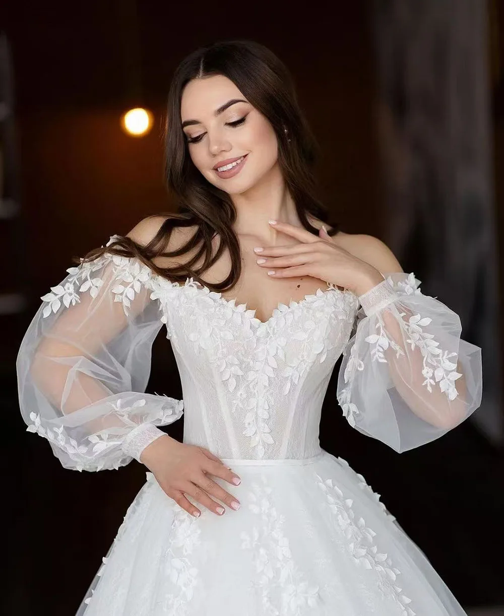 A-line Princess Wedding Dresses Brides Puff Sleeve Appliques Lace Bridal Dress Women Off Shoulder Boho Bride Gown Customized 4