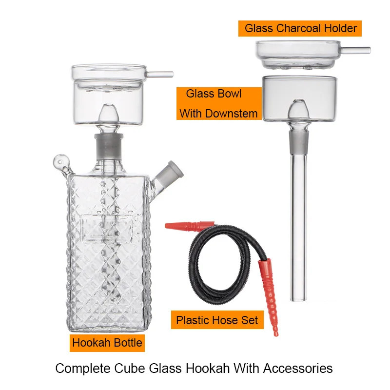 Hookah Set Travel Cube Glass Hookah Set Narguile Sheesha Chicha Nargile Cachimbas Whisky Square Bottle Shisha Big Size Bowl Charcoal Lid