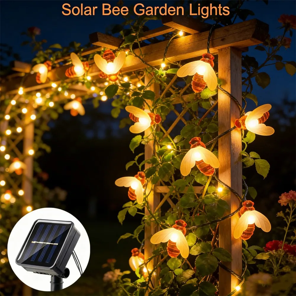 Solar-Powered Honey Bee String Lights - 8 Mode LED Decorative Garden Garland for Holidays and Weddings