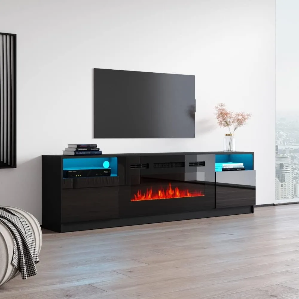 TV Stand with Electric Fireplace - Modern High Gloss TV Stand with Storage Cabinets and Led Lights 3