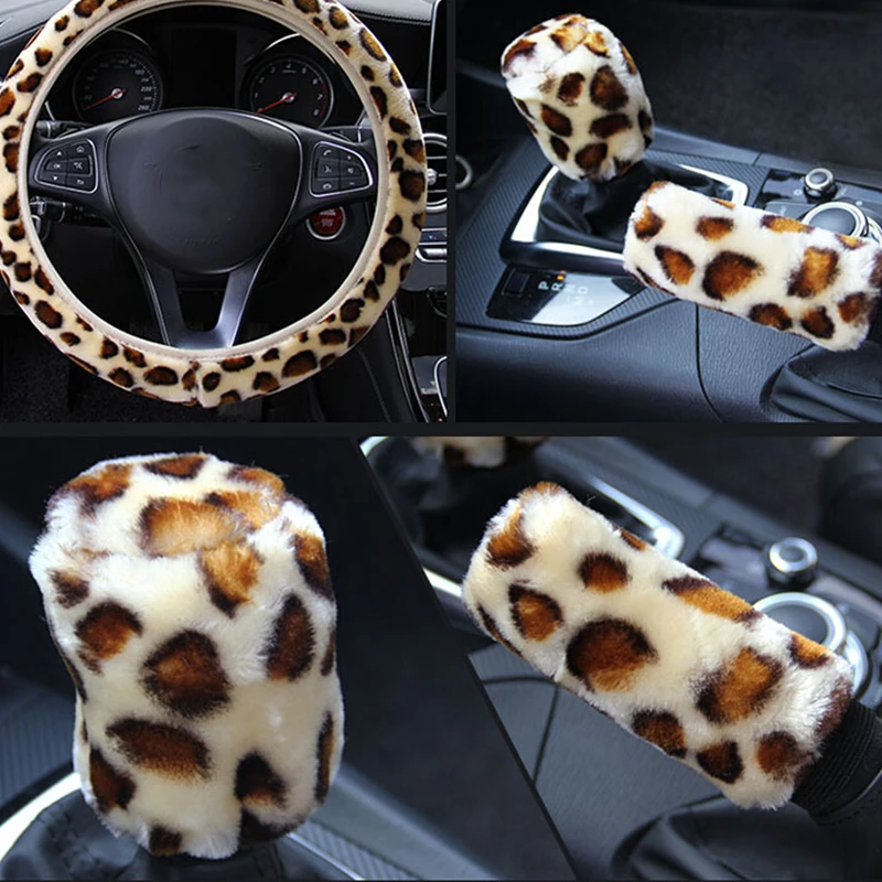 Hot 1/3Pcs/set Fashion Leopard Printed Steering Wheel Cover Hand Brake Gear Protective Cap for Car Auto Accessories New