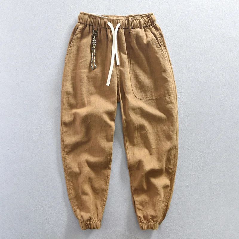 

Vintage Cotton Linen Cargo Pants For Men Loose Fit Elastic Drawstring Waist Comfortable Mens Trousers Jogger Pants With Pockets