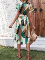 A Batwing-Sleeved, Belted Dress with Geometric Patterns It Is Suitable for Commuting in Spring and Summer, Featuring an Elegant Style. - Image 2