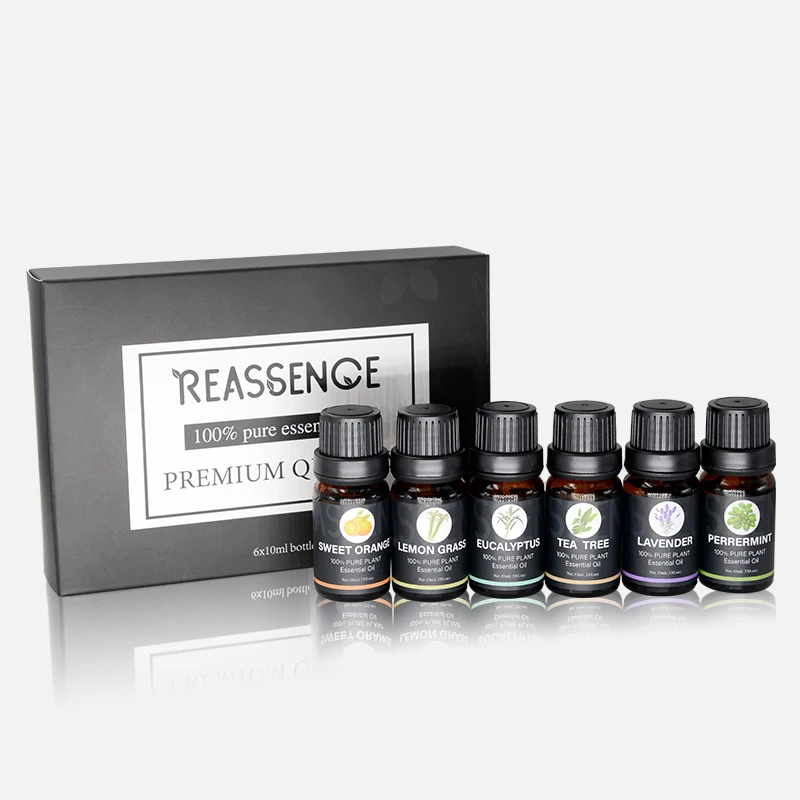 

6 in 1 Essential Oil Natural Lavender Mint Orange Lemongrass Peppermint Eucalyptus Scent For Humidifier Diffuser Black Gift Set