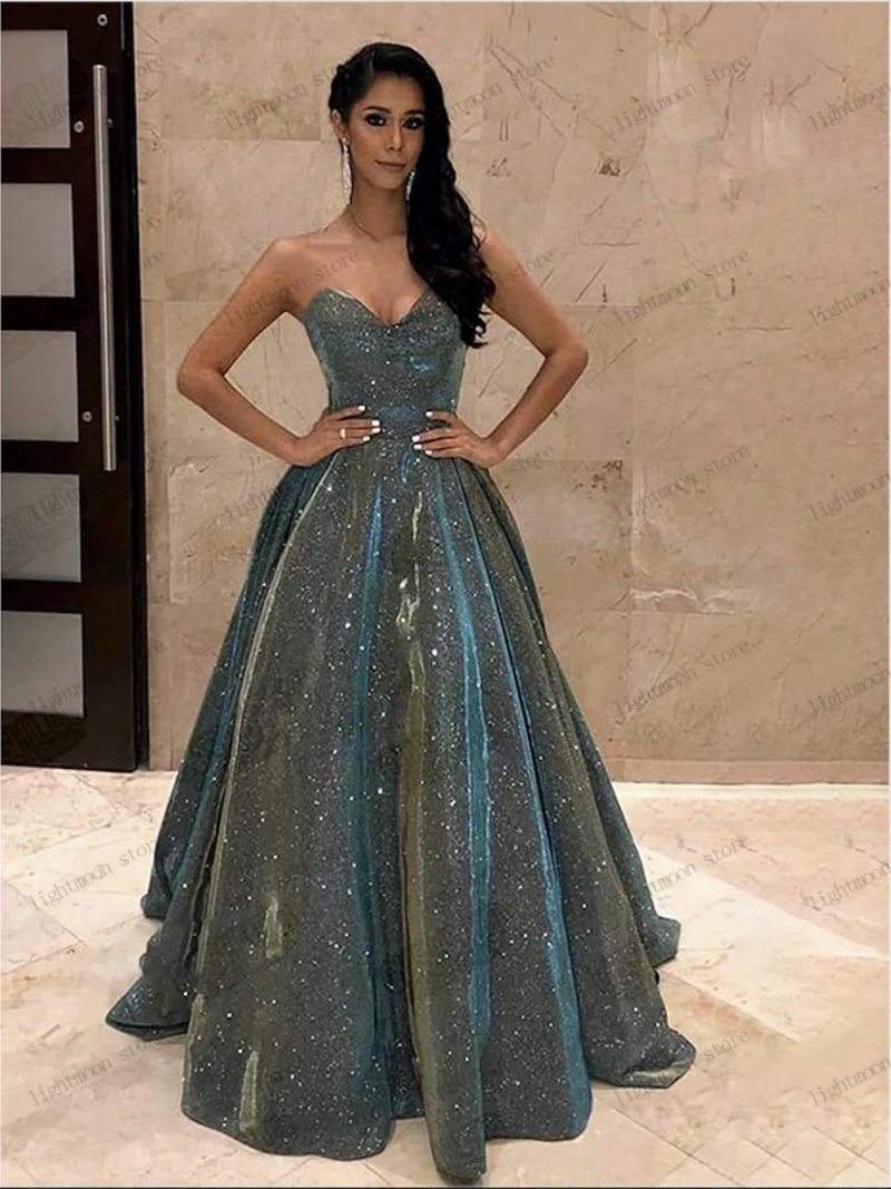 

Glitter Evening Dress A-Line Strapless Prom Dress Backless Ball Gowns Sequin Appliques Robes For Party Vestidos De Gala 2024