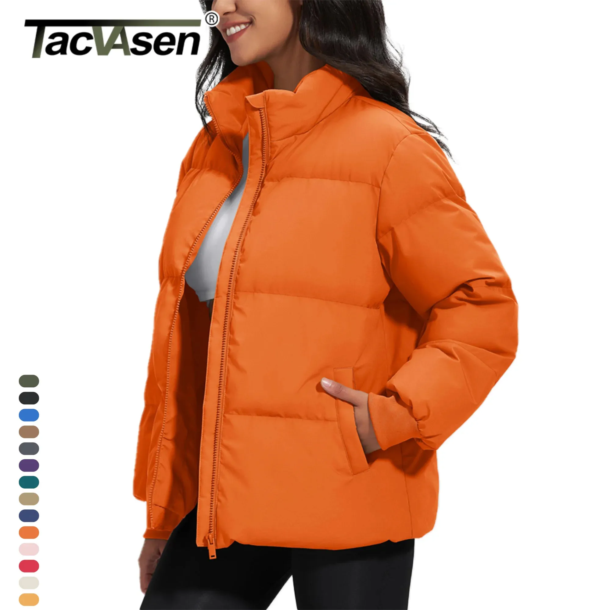 TACVASEN Winter Padded Puffer Down Coats Womens Warmth Stand Collar Full Zip-up Jackets Lightweight Waterproof Quilted Outwears