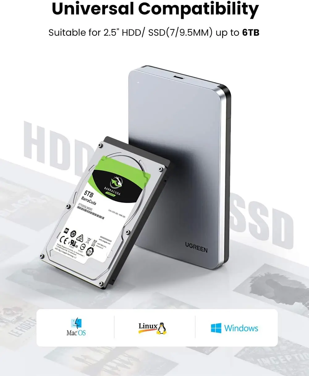 UGREEN 2.5인치 USB 3.1 Gen2 SATA 외장 하드 드라이브 케이스 6Gbps UASP SSD HDD 케이스 (노트북/데스크탑용)