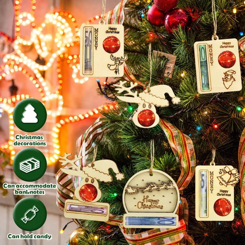 Christmas Gift Card Holder Ornaments - 5PCS Wooden and Acrylic Money and Chocolate Gift Tags for Holiday Tree Decoration