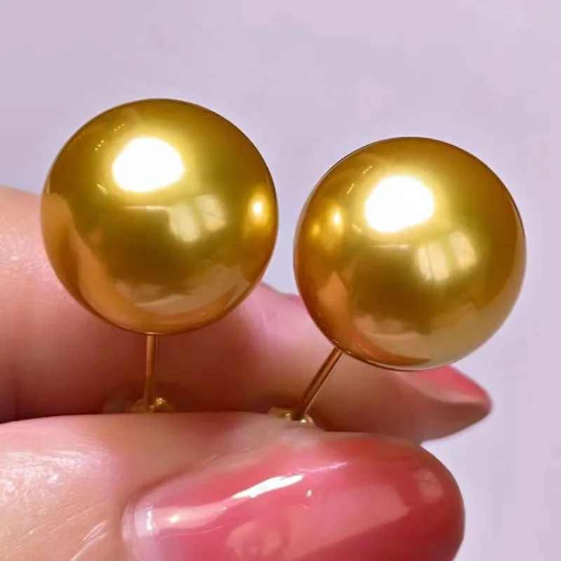 

Pair of 13-14mm Gold Perfect Round Pearl Stud Earrings for Women Simple Wedding Party Jewelry Accessories Dangle ,hook 8889AAA