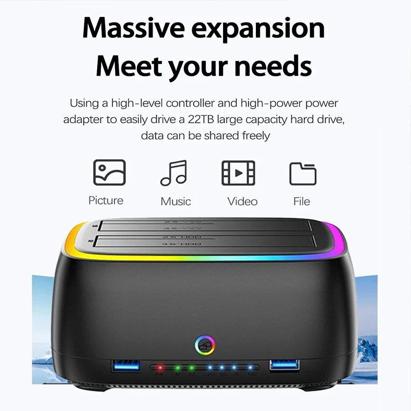 RGB 듀얼베이 HDD 도킹 스테이션 SATA to USB 3.0 어댑터 2.5/3.5인치 HDD 케이스 원클릭 오프라인 복제 하드 드라이브 인클로저