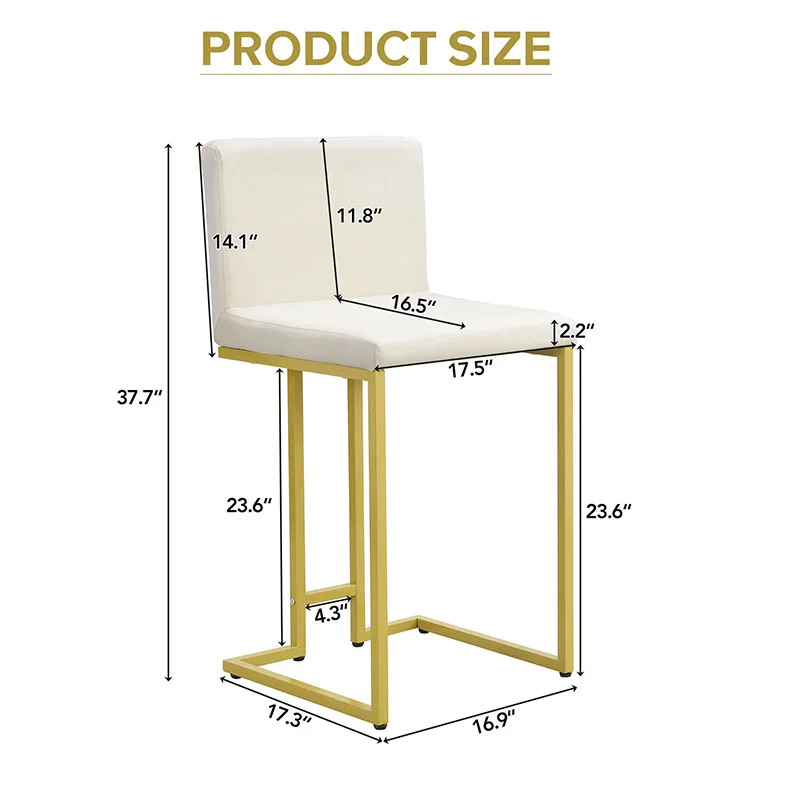 25.8" Counter Height Bar Stools Set of 2, Mid-Century Modern Gold Counter Height Bar Stools with Back
